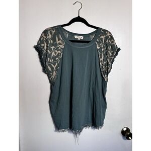 Umgee Boho Mixed Print Fringed Top XL Woman's Knit Lace Patchwork Tee Shirt